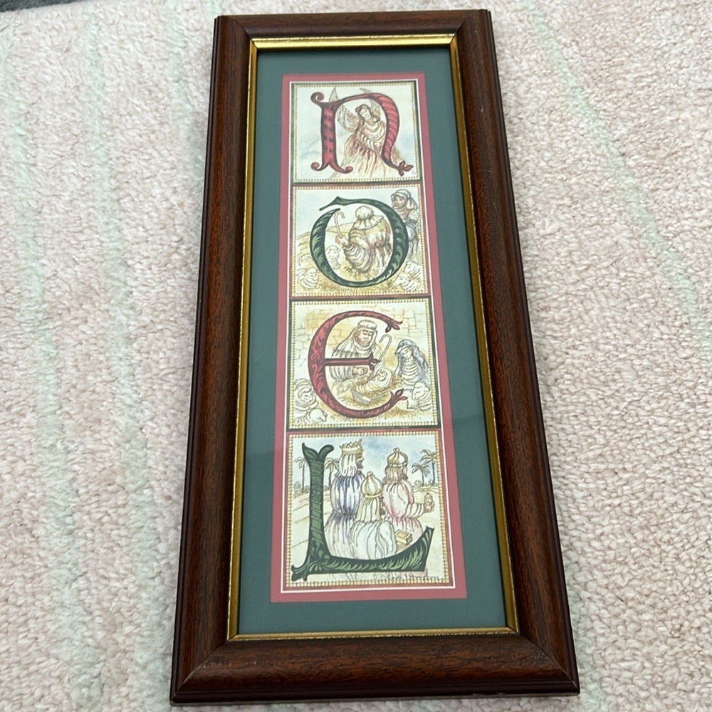NOEL Art Print Christmas Decor Nativity‎ & Angel in BROWN & GOLD FRAME